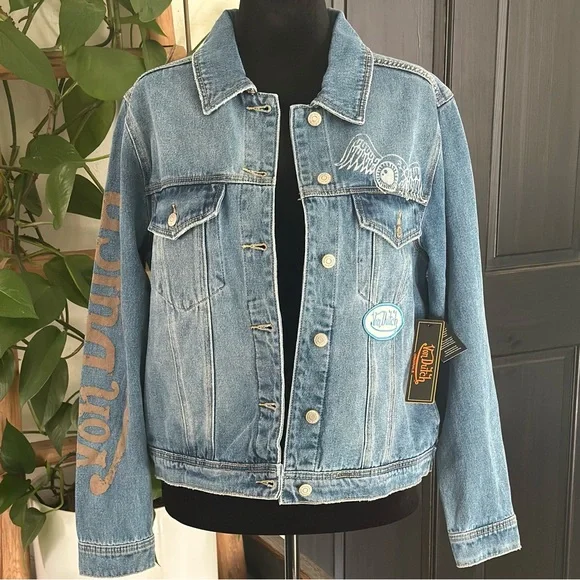 Von Dutch Denim Trucker Jacket Viral Button Up Patches Graphic Print Y2K Indie L - Picture 6 of 12